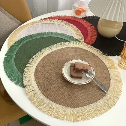 1pc Round Jute Potholders Table Mat With Tassel