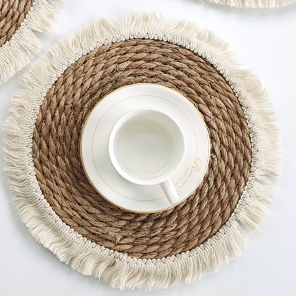 4PCS Bohemian Woven Tassel Straw Thick Placemats Dinning Table Decor